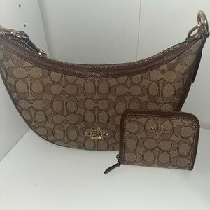 Coach Brown Signature Canvas Crescent Shoulder Bag with Matching Zip Wallet